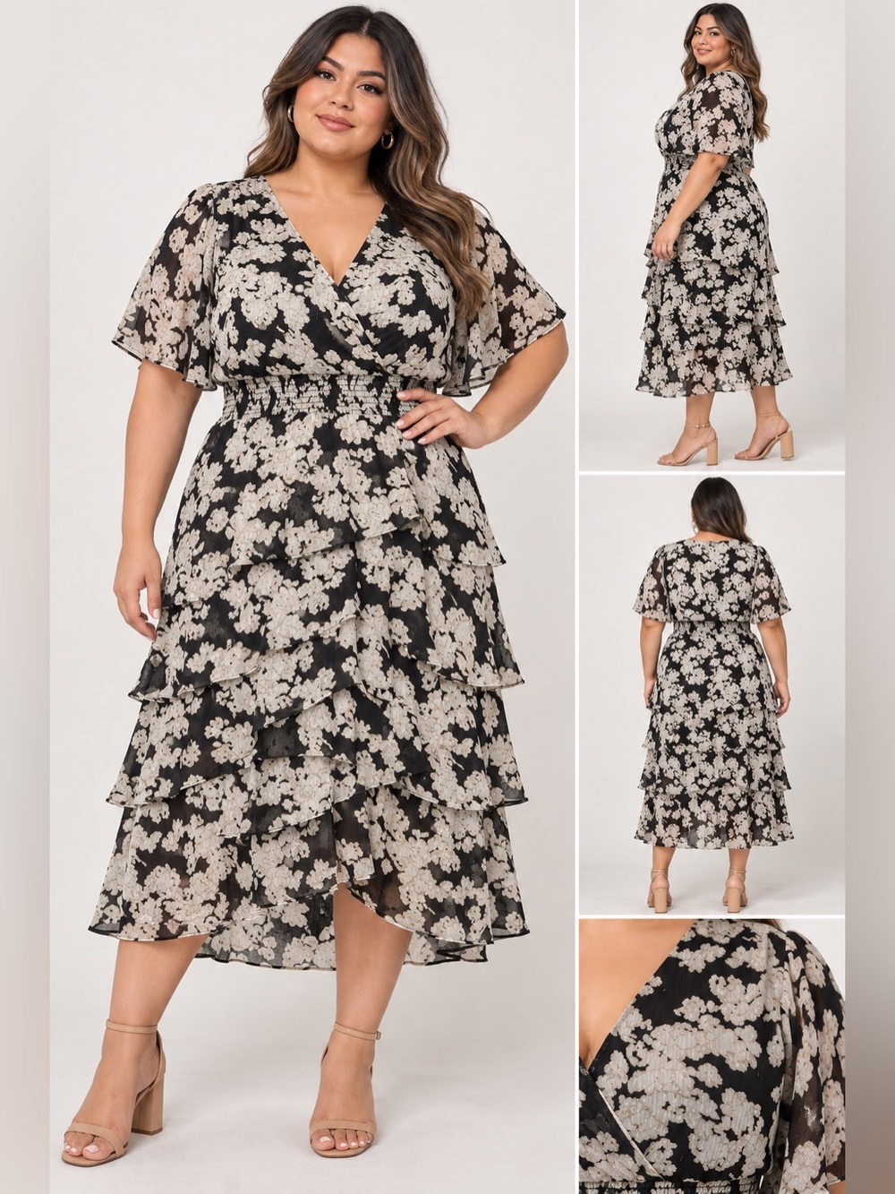 Vince Camuto flutter sleeve tiered dress in coastal cool floral midi 3X nwt